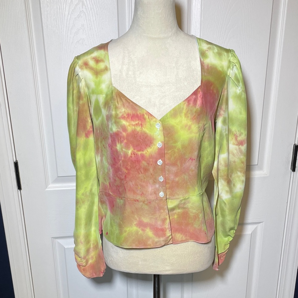 FRAME Multicolor Tie-Dye Silk Blouse Upcycled Size Medium